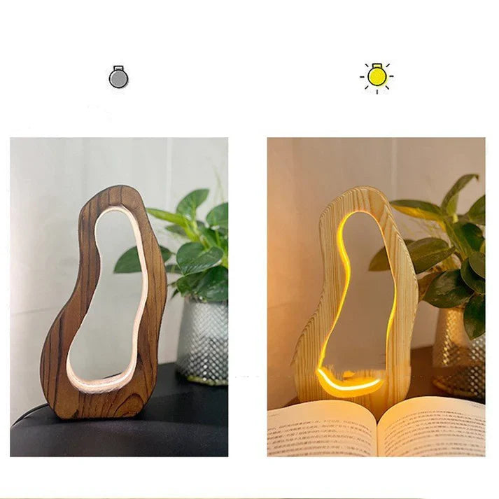 Hollow design, LED glow, wooden charm, simple style desktop lamp.