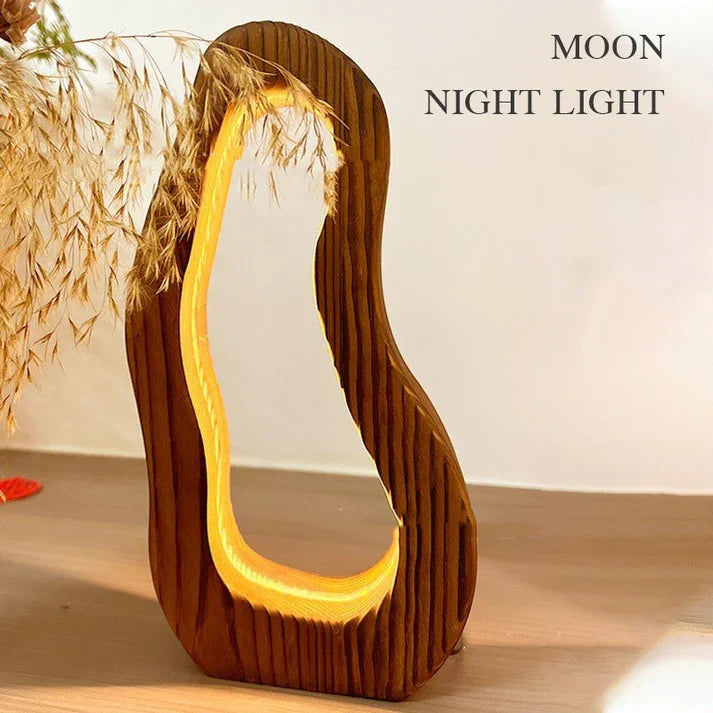 Hollow design, LED glow, wooden charm, simple style desktop lamp.
